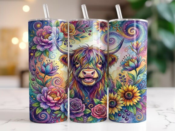 Colorful Highland Cow Floral Tumbler PNG