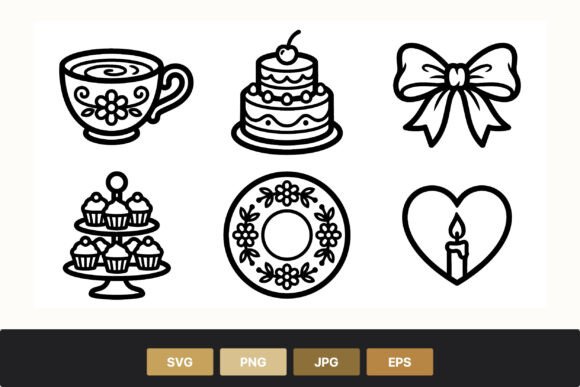 Cup Cake Bow Wreath Black Line Icons