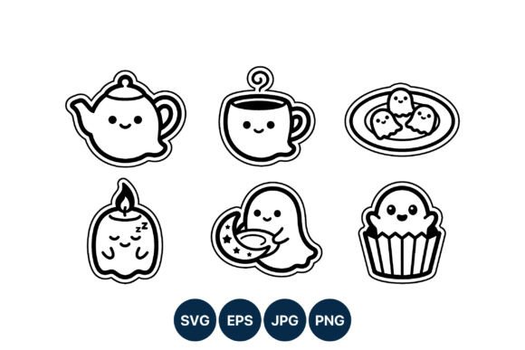 Cute Kawaii Ghost Teapot Cup Cupcake: Graphics & Illustrations