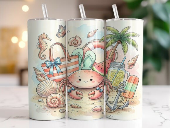Cute Nautical Crab Seashell 20oz Tumbler Graphics and Tumbler Wraps