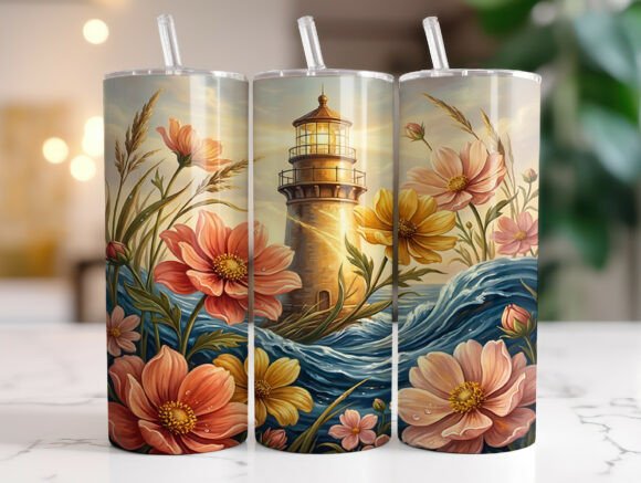 Floral Lighthouse Ocean Waves Tumbler Graphics