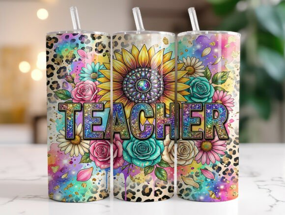 Floral Sunflower Teacher Glitter Tumbler Graphics