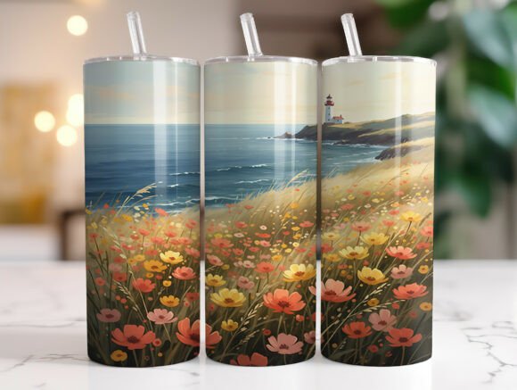 Ocean Coastal Flowers Lighthouse Tumbler Graphics