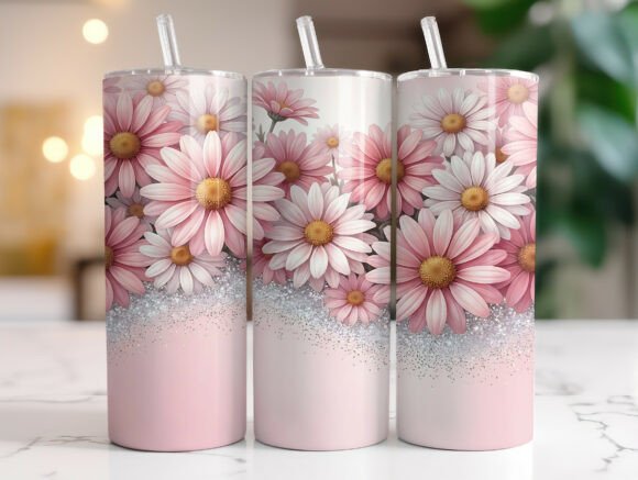 Pink Daisy Silver Glitter Tumbler Wrap Graphics for Tumbler Wraps