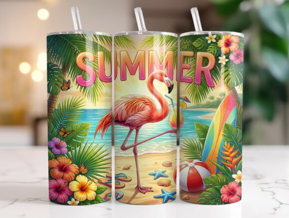 Summer Flamingo Beach 20oz Tumbler Wrap Graphics