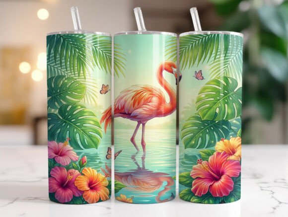 Tropical Flamingo Hibiscus Tumbler Wrap Graphics